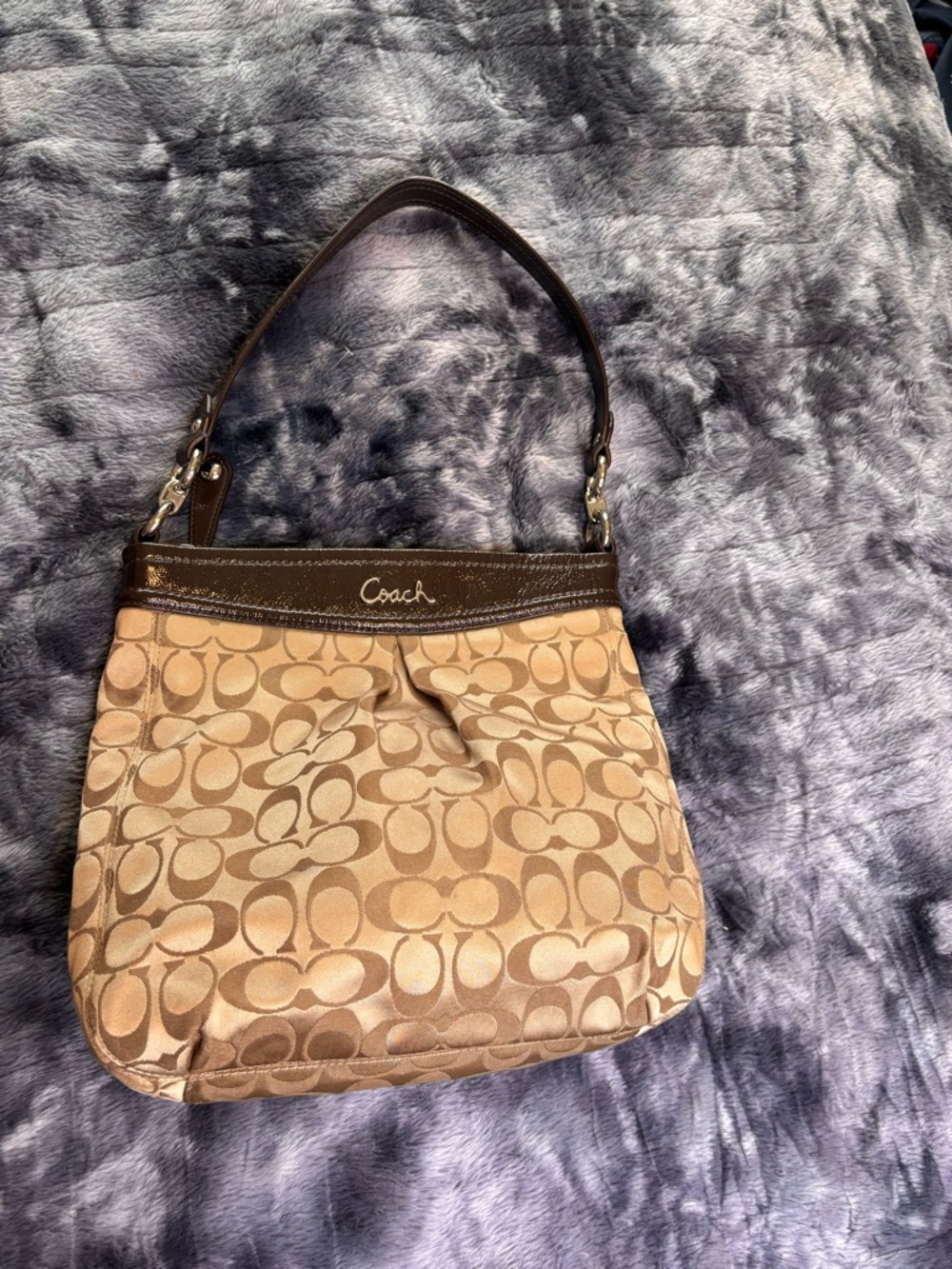Coach Beige Signature Jacquard Shoulder Bag with Brown Trim